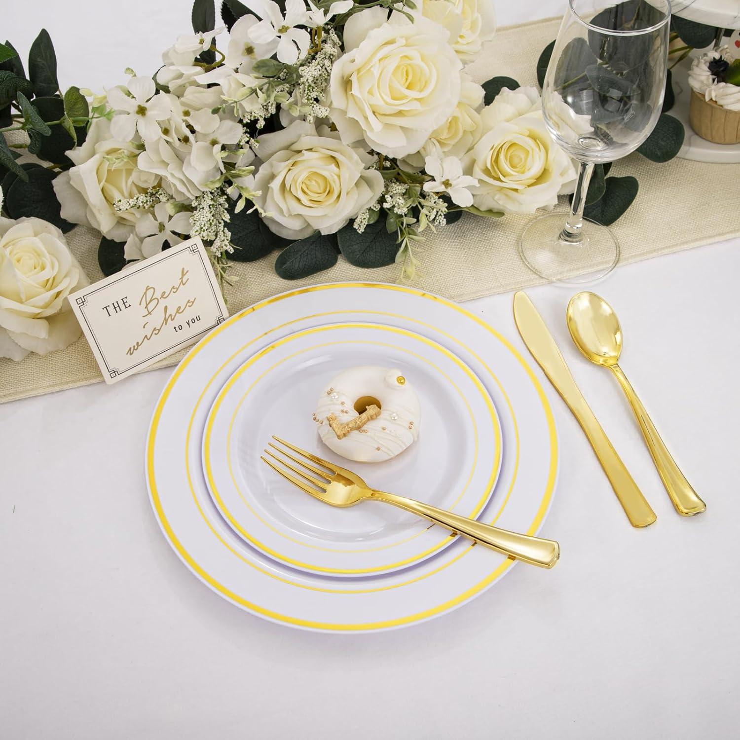 imageWDF 125Pieces Black Plates Disposable with Gold Rim ampamp Disposable Gold Plastic Silverware for Halloween  50 Graduation Plates  25 Forks 25 Knives 25 SpoonsWhite and Gold