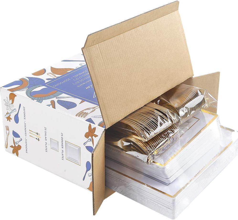 imageWDF 125Pieces Black Plates Disposable with Gold Rim ampamp Disposable Gold Plastic Silverware for Halloween  50 Graduation Plates  25 Forks 25 Knives 25 SpoonsWhite and Gold