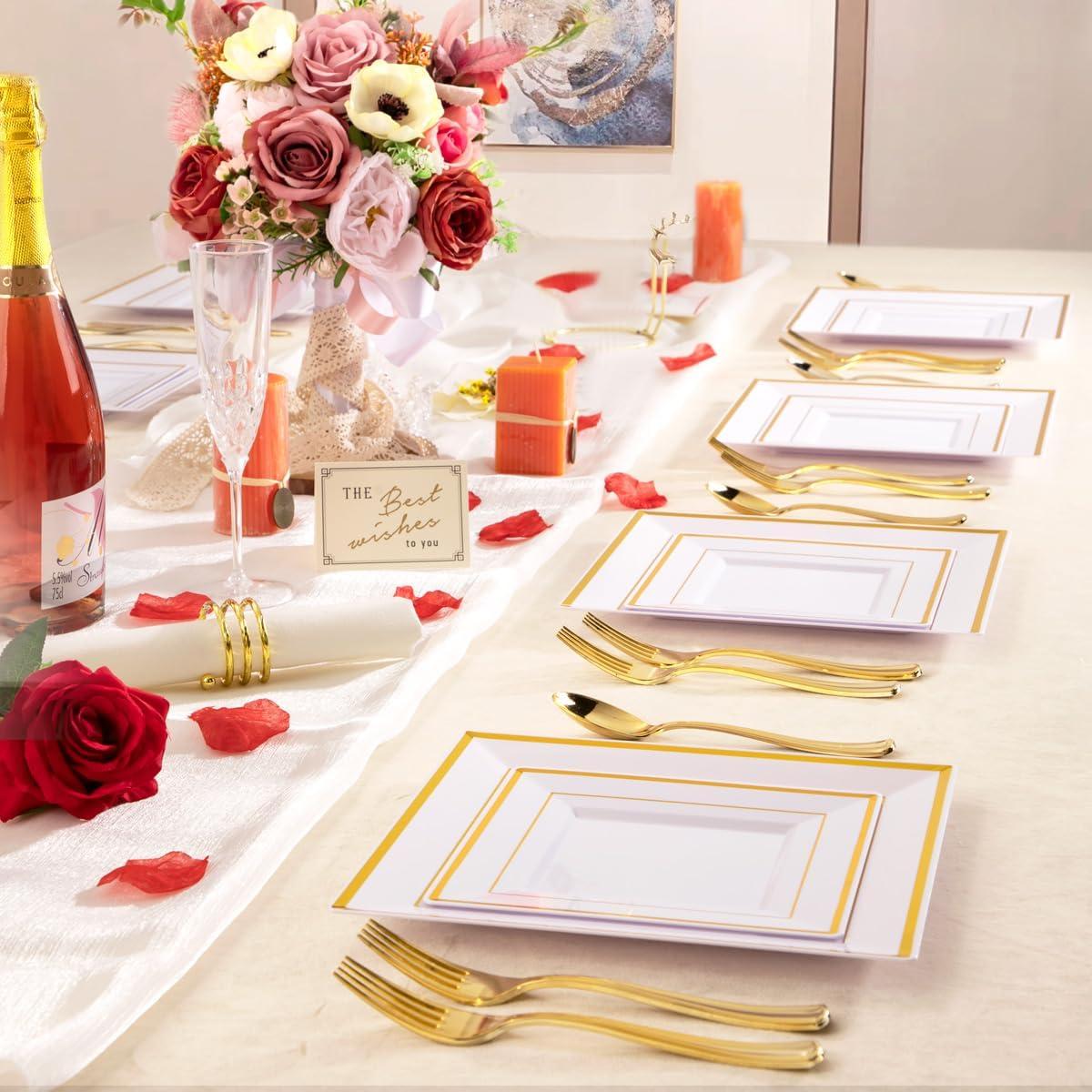 imageWDF 125Pieces Black Plates Disposable with Gold Rim ampamp Disposable Gold Plastic Silverware for Halloween  50 Graduation Plates  25 Forks 25 Knives 25 SpoonsWhite and Gold