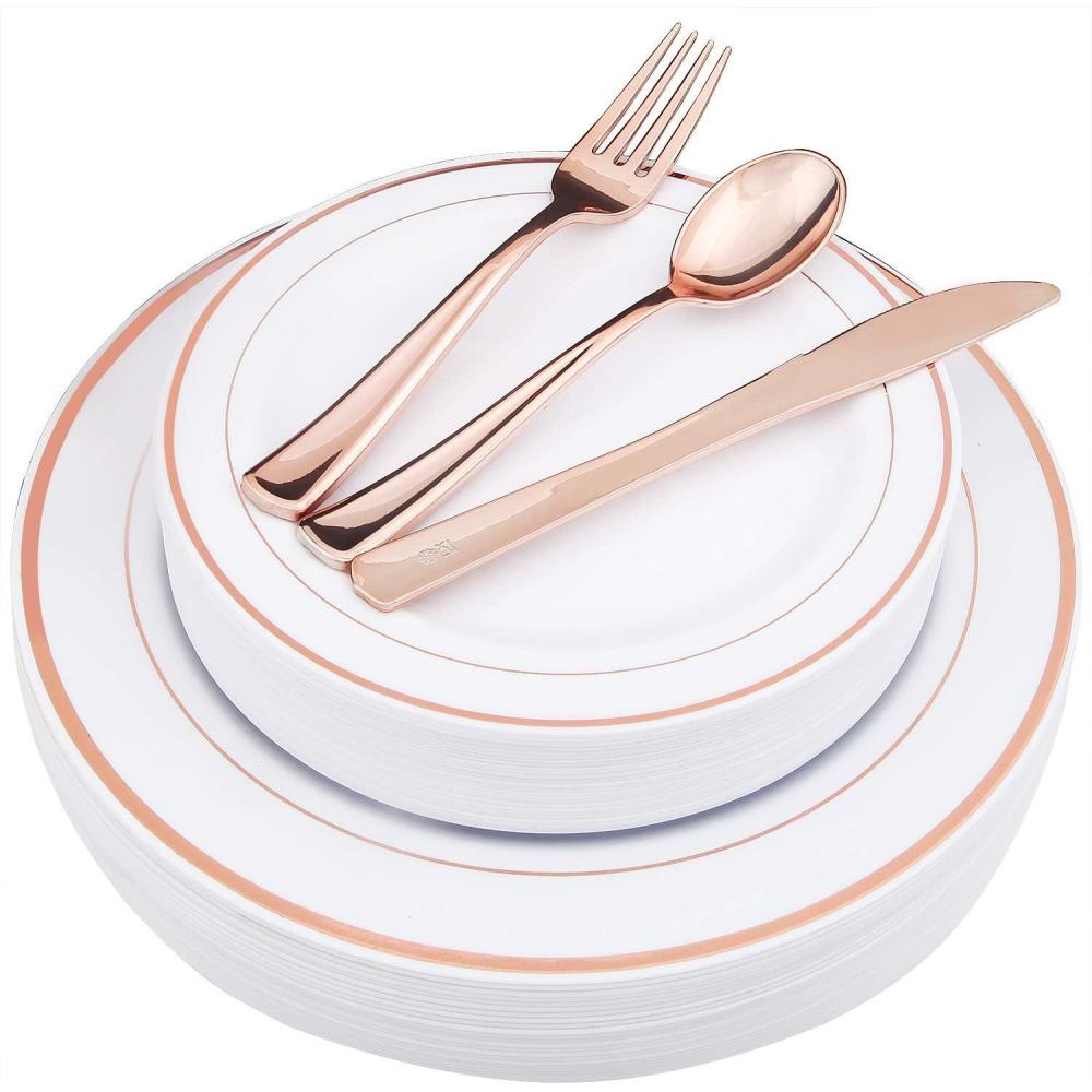 imageWDF 125Pieces Black Plates Disposable with Gold Rim ampamp Disposable Gold Plastic Silverware for Halloween  50 Graduation Plates  25 Forks 25 Knives 25 SpoonsRose Gold