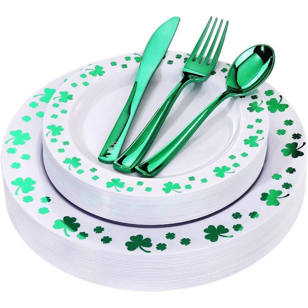 imageWDF 125Pieces Black Plates Disposable with Gold Rim ampamp Disposable Gold Plastic Silverware for Halloween  50 Graduation Plates  25 Forks 25 Knives 25 SpoonsWhiteGreen