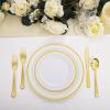 imageWDF 125Pieces Black Plates Disposable with Gold Rim ampamp Disposable Gold Plastic Silverware for Halloween  50 Graduation Plates  25 Forks 25 Knives 25 SpoonsWhite and Gold