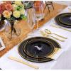 imageWDF 125Pieces Black Plates Disposable with Gold Rim ampamp Disposable Gold Plastic Silverware for Halloween  50 Graduation Plates  25 Forks 25 Knives 25 SpoonsBlack and Gold