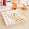 imageWDF 125Pieces Black Plates Disposable with Gold Rim ampamp Disposable Gold Plastic Silverware for Halloween  50 Graduation Plates  25 Forks 25 Knives 25 SpoonsWhite and Gold