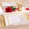 imageWDF 125Pieces Black Plates Disposable with Gold Rim ampamp Disposable Gold Plastic Silverware for Halloween  50 Graduation Plates  25 Forks 25 Knives 25 SpoonsWhite and Gold