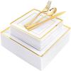 imageWDF 125Pieces Black Plates Disposable with Gold Rim ampamp Disposable Gold Plastic Silverware for Halloween  50 Graduation Plates  25 Forks 25 Knives 25 SpoonsWhite and Gold