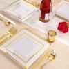 imageWDF 125Pieces Black Plates Disposable with Gold Rim ampamp Disposable Gold Plastic Silverware for Halloween  50 Graduation Plates  25 Forks 25 Knives 25 SpoonsWhite and Gold