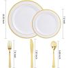 imageWDF 125Pieces Black Plates Disposable with Gold Rim ampamp Disposable Gold Plastic Silverware for Halloween  50 Graduation Plates  25 Forks 25 Knives 25 SpoonsWhite and Gold