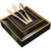 imageWDF 125Pieces Black Plates Disposable with Gold Rim ampamp Disposable Gold Plastic Silverware for Halloween  50 Graduation Plates  25 Forks 25 Knives 25 SpoonsBlack and Gold
