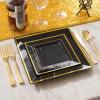 imageWDF 125Pieces Black Plates Disposable with Gold Rim ampamp Disposable Gold Plastic Silverware for Halloween  50 Graduation Plates  25 Forks 25 Knives 25 SpoonsBlack and Gold