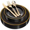 imageWDF 125Pieces Black Plates Disposable with Gold Rim ampamp Disposable Gold Plastic Silverware for Halloween  50 Graduation Plates  25 Forks 25 Knives 25 SpoonsBlack and Gold