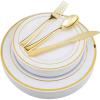imageWDF 125Pieces Black Plates Disposable with Gold Rim ampamp Disposable Gold Plastic Silverware for Halloween  50 Graduation Plates  25 Forks 25 Knives 25 SpoonsWhite and Gold