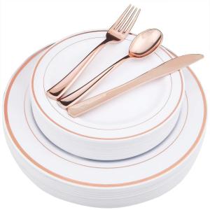 imageWDF 125Pieces Black Plates Disposable with Gold Rim ampamp Disposable Gold Plastic Silverware for Halloween  50 Graduation Plates  25 Forks 25 Knives 25 SpoonsRose Gold
