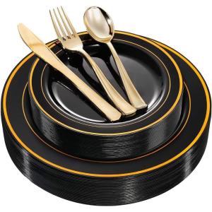 imageWDF 125Pieces Black Plates Disposable with Gold Rim ampamp Disposable Gold Plastic Silverware for Halloween  50 Graduation Plates  25 Forks 25 Knives 25 SpoonsBlack and Gold