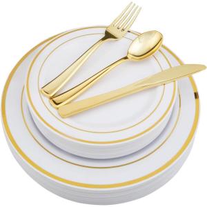 imageWDF 125Pieces Black Plates Disposable with Gold Rim ampamp Disposable Gold Plastic Silverware for Halloween  50 Graduation Plates  25 Forks 25 Knives 25 SpoonsWhite and Gold