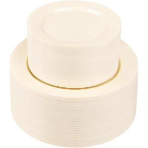 imageWDF 200pcs White Plastic Plates Disposable  Heavy Duty Plastic Plates for Party  Include 100 x 10quot Dinner Plate and 100 x 7quot DessertCake Plate  Ideal for WeddingsPartiesEventsIvory
