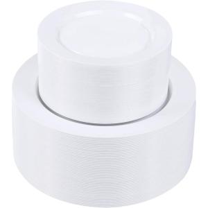 imageWDF 200pcs White Plastic Plates Disposable  Heavy Duty Plastic Plates for Party  Include 100 x 10quot Dinner Plate and 100 x 7quot DessertCake Plate  Ideal for WeddingsPartiesEventsWhite