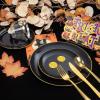 imageWDF 500PCS Black and Gold Plastic Plates with Gold Plastic Silverware