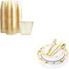 imageWDF 150pcs Gold Plastic Plates with Disposable Plastic Silverware200pcs 9OZ Gold Cups