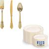 imageWDF 300 Pieces Gold Plastic Silverware Disposable and WDF 200PCS Ivory Scalloped Plastic Plates with Gold Rim