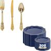 imageWDF 300 Pieces Gold Plastic Silverware Disposable and WDF 200pcs Blue Plastic Plates