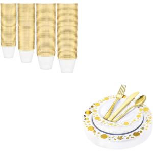 imageWDF 150pcs Gold Plastic Plates with Disposable Plastic Silverware 200 Pack Gold Plastic Cups