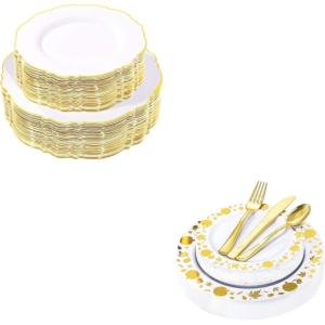 imageWDF 150pcs Gold Plastic Plates with Disposable Plastic Silverware100pcs Gold Plastic Plates