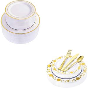 imageWDF 150pcs Gold Plastic Plates with Disposable Plastic Silverware120 pieces Gold Disposable Plastic Plates
