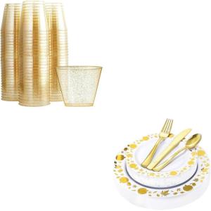 imageWDF 150pcs Gold Plastic Plates with Disposable Plastic Silverware200pcs 9OZ Gold Cups