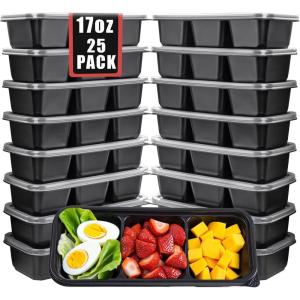 imageWDF 25 Pack Small Meal Prep Containers 3 Compartments with Lids  Disposable Snack Box Container  Disposable Bento Boxes  Reusable Travel Lunch Boxes for HalloweenOfficePicnicMicrowave Safe25