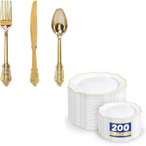imageWDF 300 Pieces Gold Plastic Silverware Disposable and WDF 200PCS Gold Plastic Plates