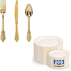 imageWDF 300 Pieces Gold Plastic Silverware Disposable and WDF 200PCS Ivory Scalloped Plastic Plates with Gold Rim