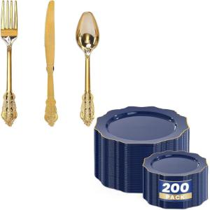 imageWDF 300 Pieces Gold Plastic Silverware Disposable and WDF 200pcs Blue Plastic Plates