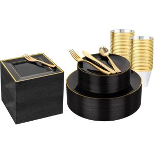imageWDF 350PCS Black and Gold Plastic Plates with Gold Plastic Silverware