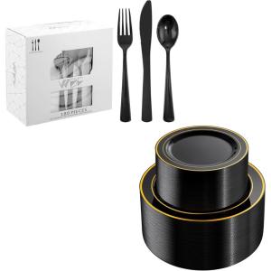 imageWDF 380PCS Black Plastic Plates and Silverware