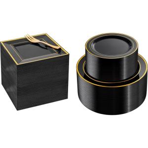 imageWDF 400PCS Black and Gold Plastic Plates