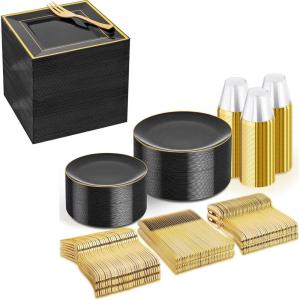 imageWDF 500PCS Black and Gold Plastic Plates with Gold Plastic Silverware