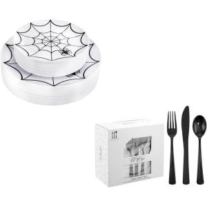 imageWDF 60Pieces Halloween Plates Disposable Plastic 180 Pieces Black Plastic Silverware