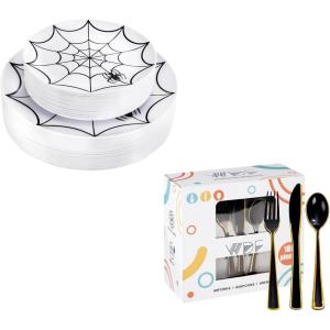 imageWDF 60Pieces Halloween Plates Disposable Plastic 180 Pieces Black and Gold Halloween Plastic Silverware