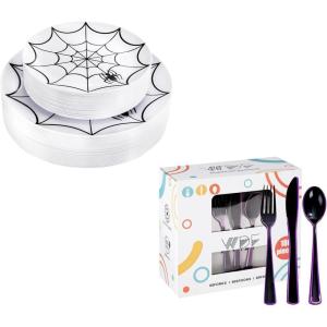 imageWDF 60Pieces Halloween Plates Disposable Plastic 180 Pieces Black and Purple Halloween Plastic Silverware