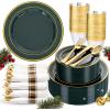image175 Pieces Christmas Plastic Plates  Red Plastic Plates with Gold Rim Include 25 Dinner Plate 10 25 Dessert Plate 7 25 gold Cups 9 OZ 25 Pre Rolled Napkins for ChristmasPartyGreen