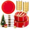 image175 Pieces Christmas Plastic Plates  Red Plastic Plates with Gold Rim Include 25 Dinner Plate 10 25 Dessert Plate 7 25 gold Cups 9 OZ 25 Pre Rolled Napkins for ChristmasPartyRed