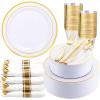 image175 Pieces Christmas Plastic Plates  Red Plastic Plates with Gold Rim Include 25 Dinner Plate 10 25 Dessert Plate 7 25 gold Cups 9 OZ 25 Pre Rolled Napkins for ChristmasPartyWhite and Gold