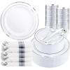 image175 Pieces Christmas Plastic Plates  Red Plastic Plates with Gold Rim Include 25 Dinner Plate 10 25 Dessert Plate 7 25 gold Cups 9 OZ 25 Pre Rolled Napkins for ChristmasPartyWhite and Silver
