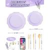 imageWDF 175Pcs Green Plastic Plates  Green Plates Disposable with Gold Rim  Christmas Plastic Plate  Fancy Disposable Dinnerware Sets 25 Guests Ideal for ChristmasPartyWeddingPurple and Gold