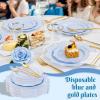 imageWDF 175Pcs Green Plastic Plates  Green Plates Disposable with Gold Rim  Christmas Plastic Plate  Fancy Disposable Dinnerware Sets 25 Guests Ideal for ChristmasPartyWeddingBule and Gold