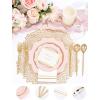 imageWDF 175Pcs Green Plastic Plates  Green Plates Disposable with Gold Rim  Christmas Plastic Plate  Fancy Disposable Dinnerware Sets 25 Guests Ideal for ChristmasPartyWeddingPink and Gold