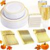 image175 Pieces Christmas Plastic Plates  Red Plastic Plates with Gold Rim Include 25 Dinner Plate 10 25 Dessert Plate 7 25 gold Cups 9 OZ 25 Pre Rolled Napkins for ChristmasPartyGold Modern