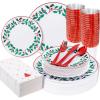 imageWDF 175Pcs Green Plastic Plates  Green Plates Disposable with Gold Rim  Christmas Plastic Plate  Fancy Disposable Dinnerware Sets 25 Guests Ideal for ChristmasPartyWeddingBerry Leaves