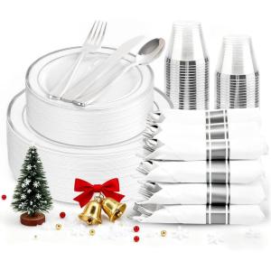 image175 Pieces Christmas Plastic Plates  Red Plastic Plates with Gold Rim Include 25 Dinner Plate 10 25 Dessert Plate 7 25 gold Cups 9 OZ 25 Pre Rolled Napkins for ChristmasPartyWhite and Silver